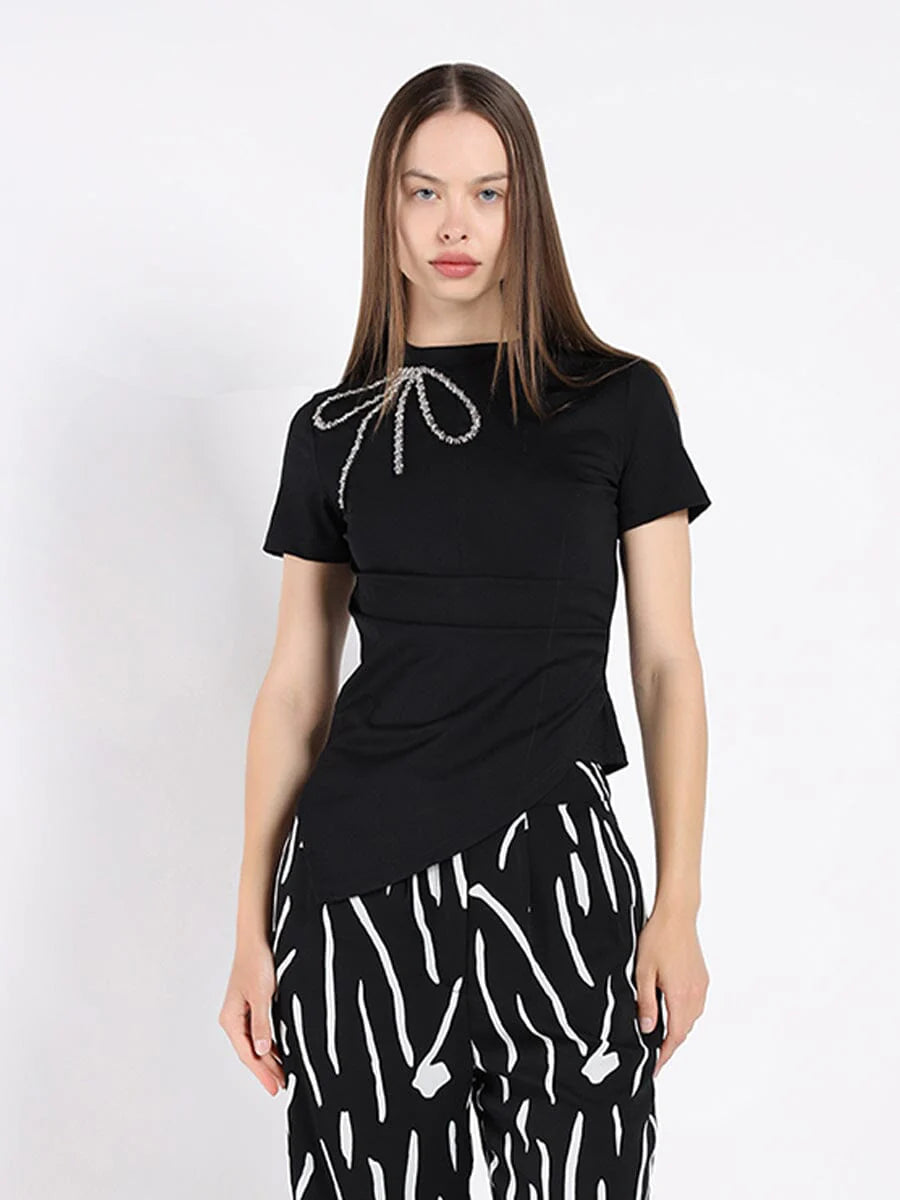 Black Side Drape Shirt with Bow