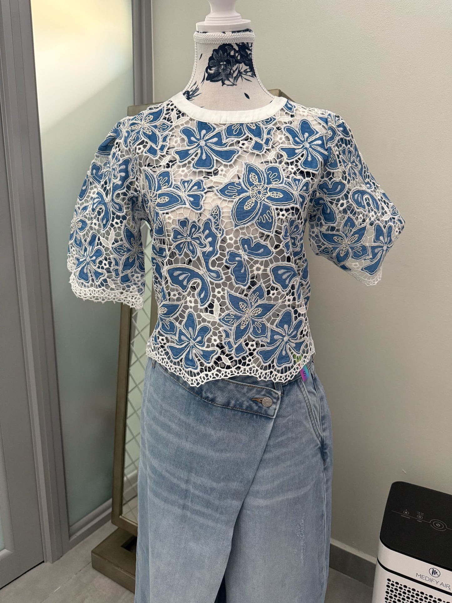 Gracia Embroidered White and Blue Shirt
