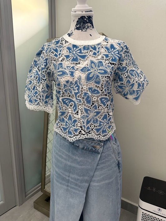 Gracia Embroidered White and Blue Shirt