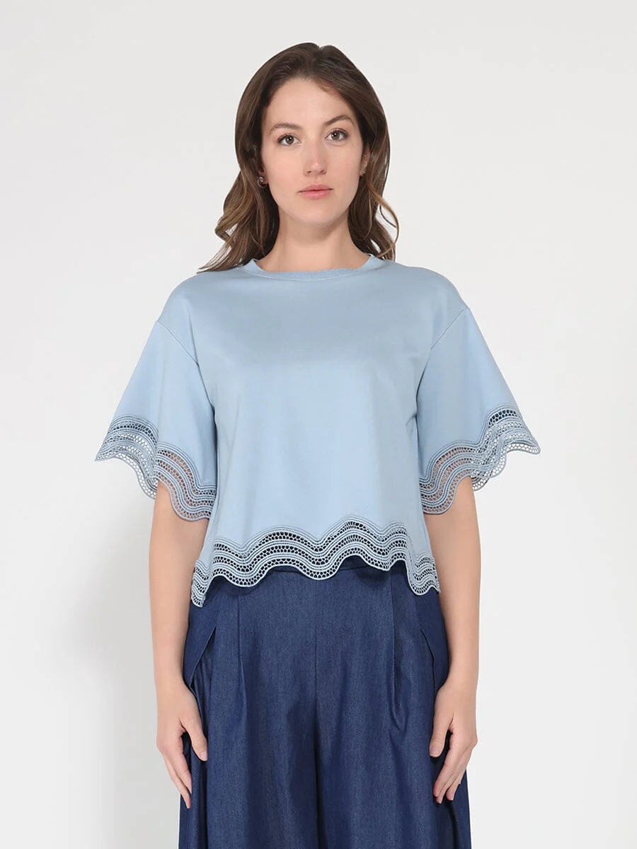 Lace Wavy Hem Short Sleeve