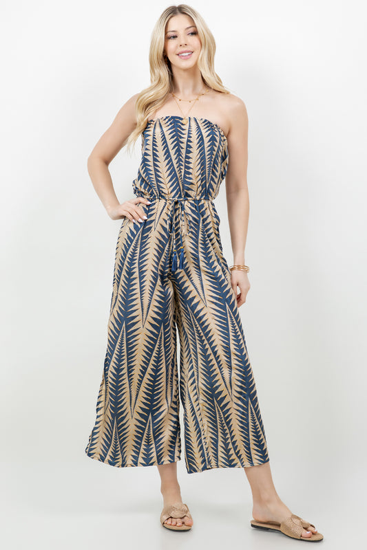 Blue and Gold Strapless Tropical Jumpsuit